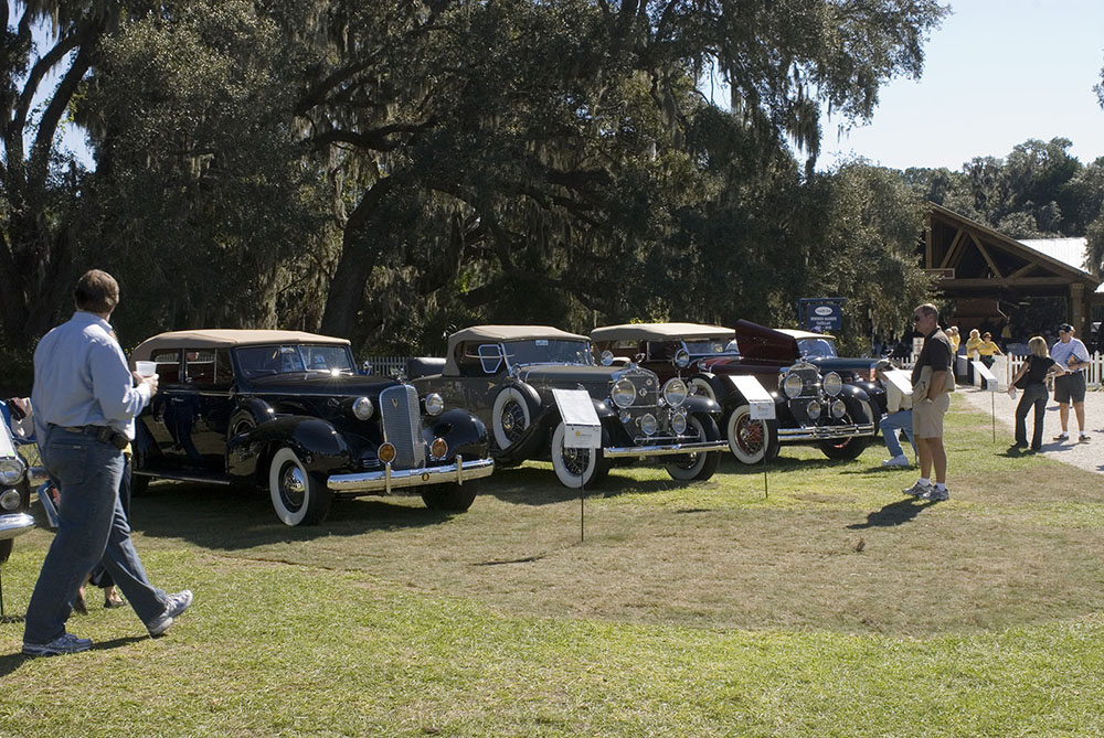 Cars lined up in front of trees and picnic pavilion